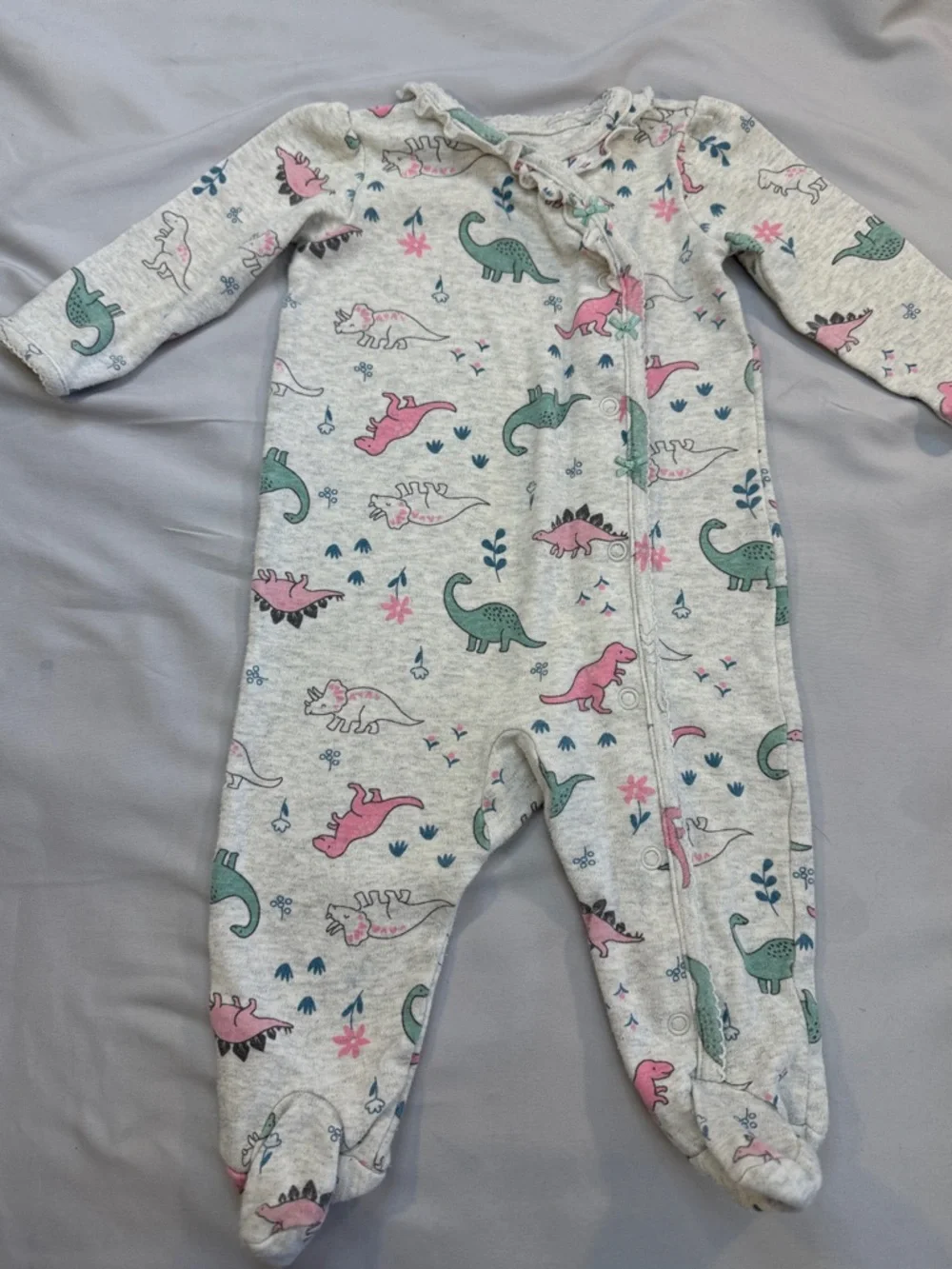 Carter's Heather Grey Footed One-Piece with Pink & Teal Dino Print - Picture 3 of 4